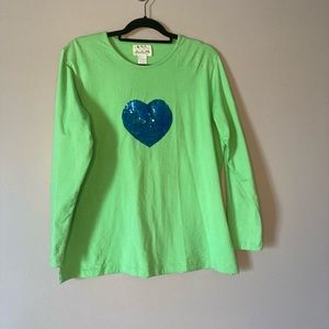 Quacker Factory L Long Sleeve TShirt Blue Squin Heart Green Comfort.
